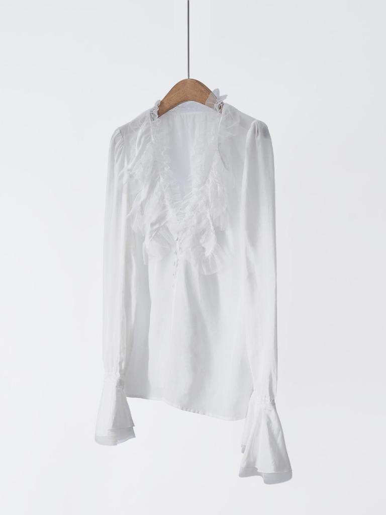 Premium Purple Label: 2026 Spring Silk-Cotton Blend French Style Ruffle V-Neck Bell Sleeve Shirt