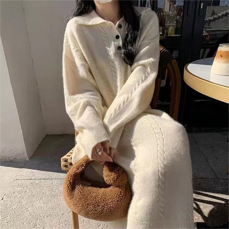 New autumn and winter knitted dress women's loose fashion lapel twist primer sweater skirt women's fashion trend
