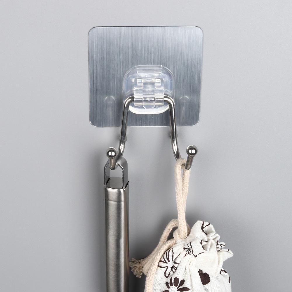 Stainless Steel Punch-Free Double Hook - Adhesive Wall Mount for Kitchen and Bathroom.