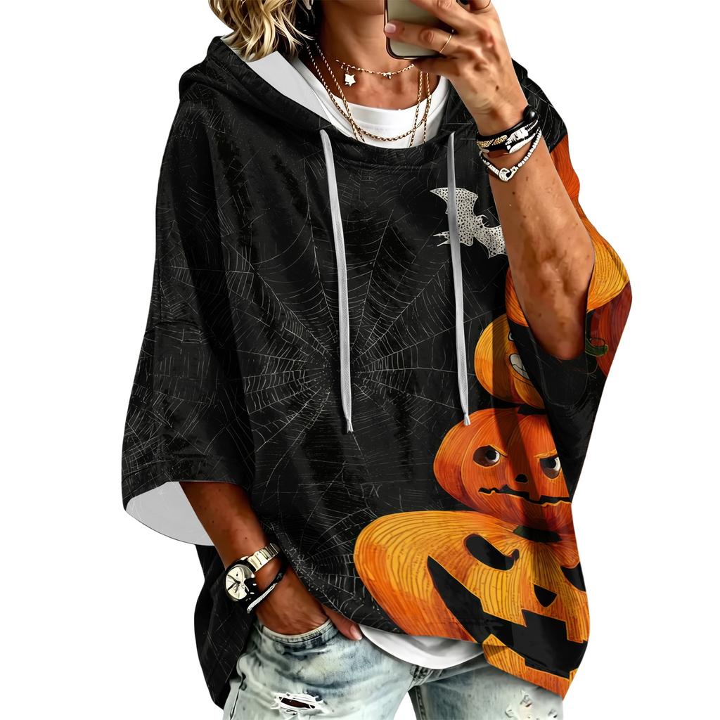 Women's Fashion 3/4 Sleeve Halloween Print Hoodie Pullover Top