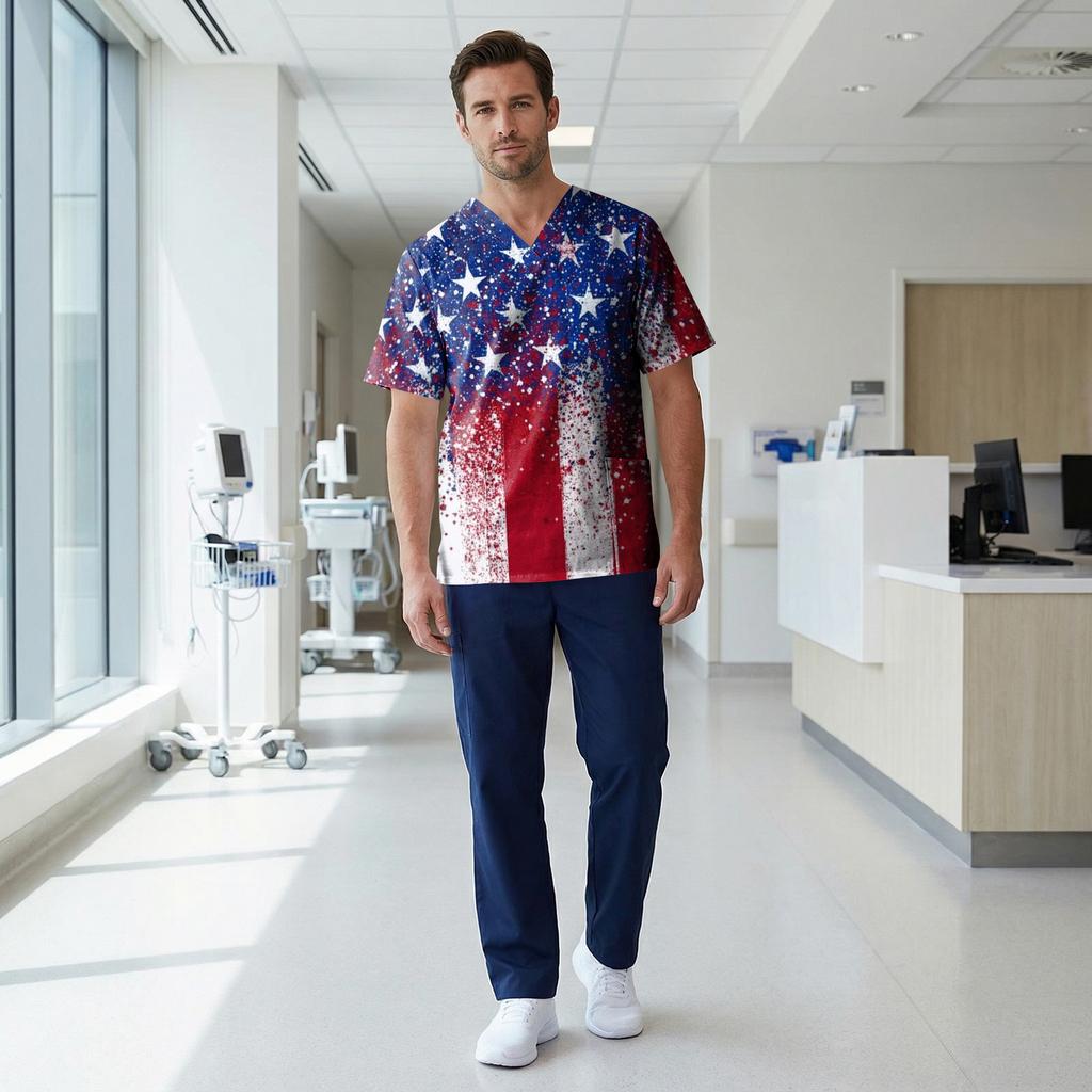 Top de Uniforme Médico para Hombre con Cuello en V, Manga Corta, Bolsillo en el Pecho y Estampado Adecuado para Profesionales de la Salud y Cuidadores