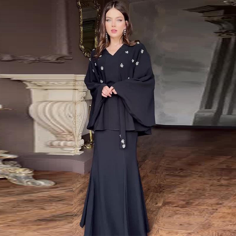 2024 Autumn Women's Tie Waist Batwing Top & Midi Skirt Two-Piece Set