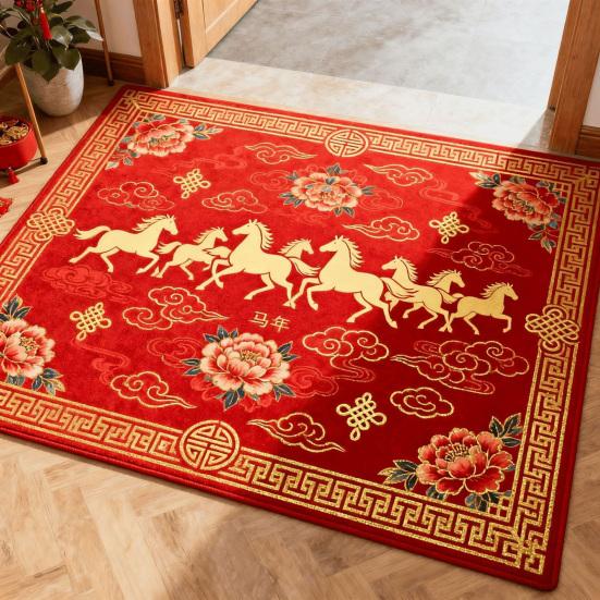 New Year Horse Doormat 2026 Year of The Horse Floor Mat Red Chinese Style Absorbent Anti-Slip Rug for Home Entrance Kitchen Spring Festival Decor