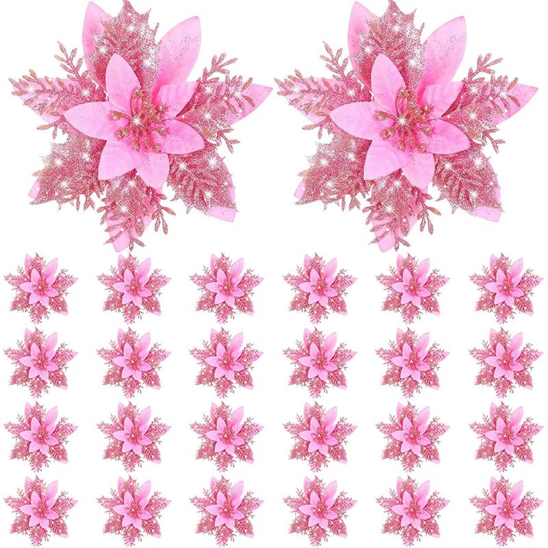 1bag 5pcs Christmas Decorations Glitter Polyester  Artificial Christmas Flowers for Christmas Tree Ornament Party Wreath Decor