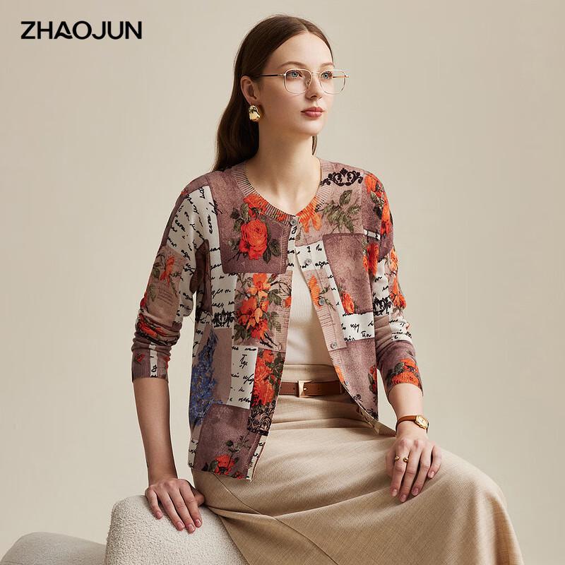 Women's Fine Wool Floral Print Round Neck Cardigan