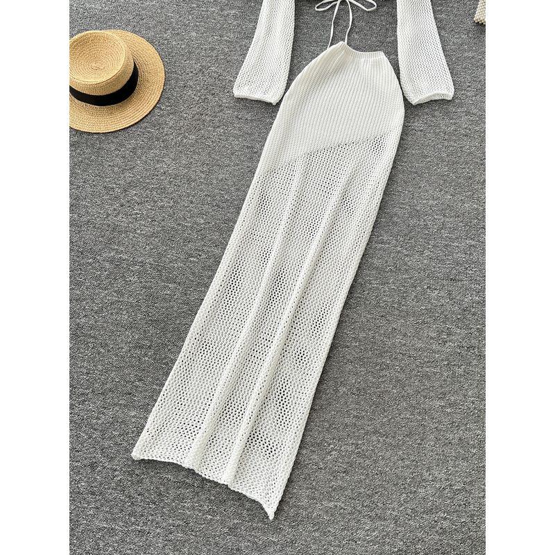 Holiday Style White Knitting Suit Women Seaside Beach Bikinis Strap Waist Hugging Hollow Long sleeve Cover up Skirt