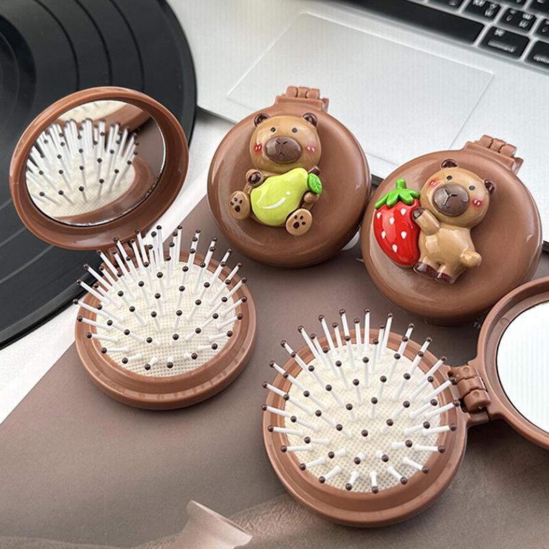 Cute Capybara Folding Massage Comb With Mirror Head Massage Airbag Comb Anti-Static Portable Travel Girl Hair Combs Styling Tool