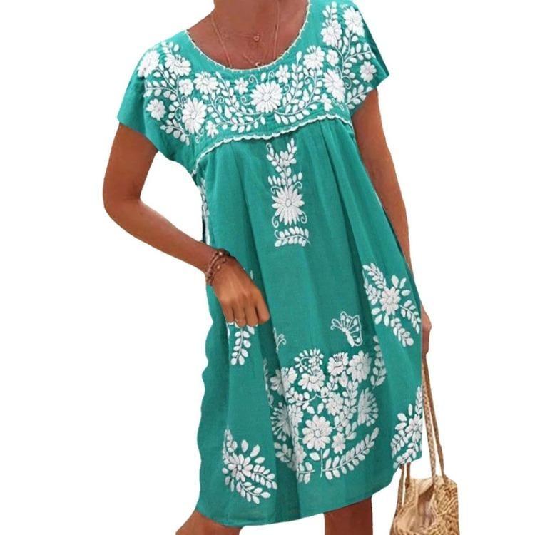 Summer Spring Women Dress Round Neck Short Sleeved New Ethnic Shoulder Style