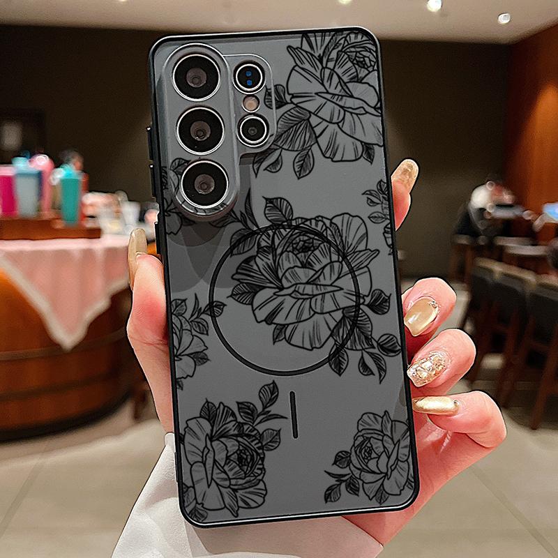 Magnetic For Magsafe Case For Samsung Galaxy S26 Ultra S25 Edge S24 Plus S23 FE S22 A54 A55 A56 5G Sketching Rose Flower Pattern Matte Cover