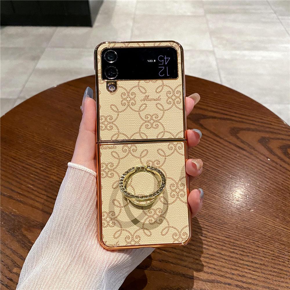 Electroplating PU Leather Ring Stand Case For Samsung Galaxy Z Flip 6 Flip 5 Flip 4 3 Flower Protective Cover Funda