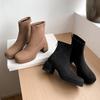 Spot second hair high-heeled short boots women's 2025 new spring and autumn elastic boots suede round head waterproof table thick heel thin boots