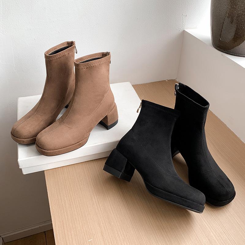 Spot second hair high-heeled short boots women's 2025 new spring and autumn elastic boots suede round head waterproof table thick heel thin boots