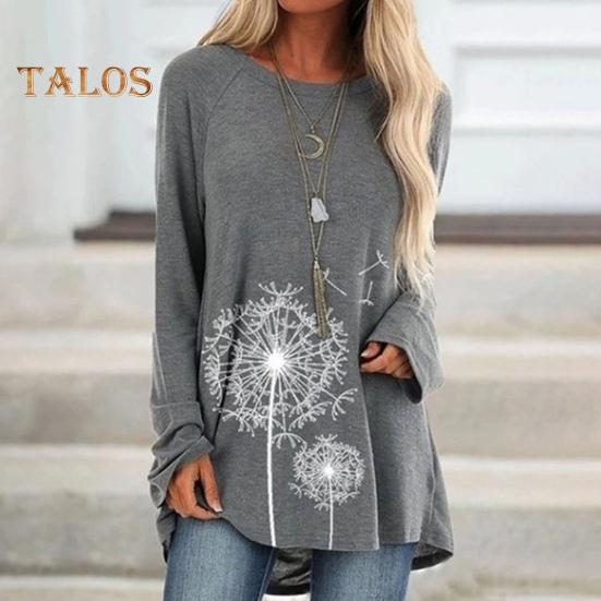 Tunique grande taille pour femme, imprimé pissenlit, chemise longue, col ras du cou, manches longues, pull-over, chemisier décontracté, coupe ample, pour le travail et la vie quotidienne