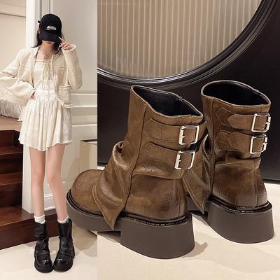 Short Boots Women's 2025 New Spring and Autumn Thin Boots Thick-soled Brown Trousers Single Boots Knight Medium Boots Women's Boots