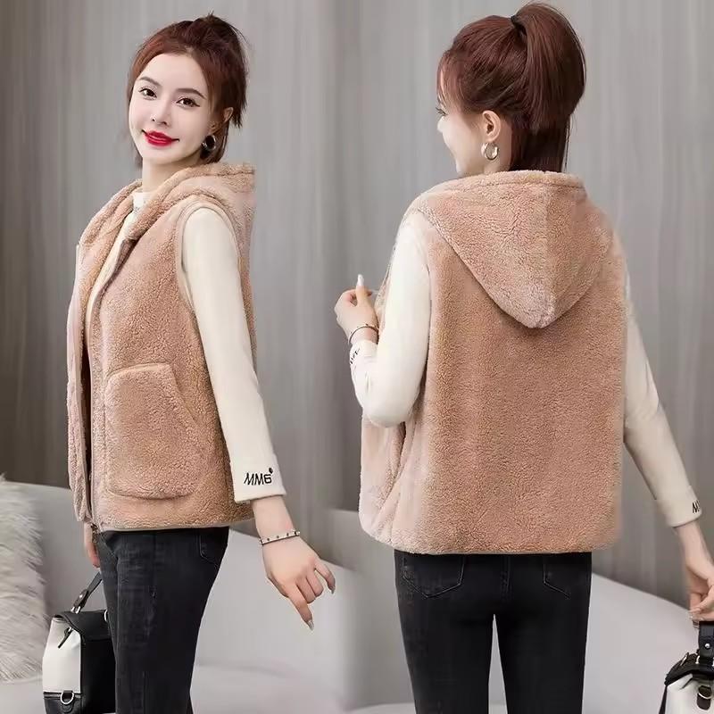 Hooded Fleece Vest Jacket Autumn Winter Women Sleeveless Jacket Lady Casual Warm Soft Waistcoat Female