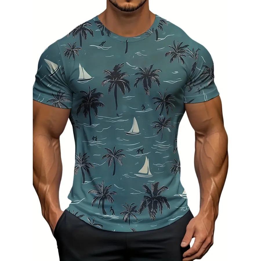 Men Tropical Palm Tree Graphic T-Shirt - Breathable Mesh Fabric, Casual Short Sleeve Crewneck, Summer Style with Sailboat & Coconut Design