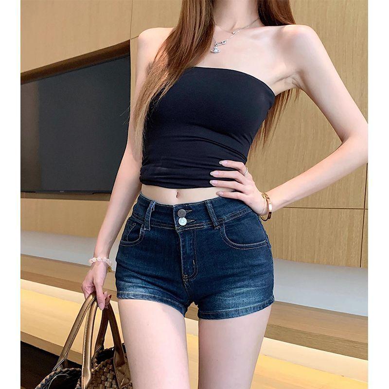 Women s Low Waist Double Button Denim Shorts Slim Fit Washed Casual Hot Pants S синий