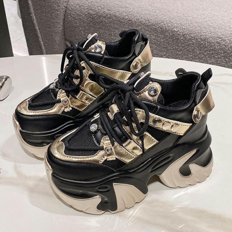 10CM Spring Women Chunky Sneakers Heels Lace-up High Platform Sports Shoes Woman Breathable Mesh Shoes Leather Sneakers