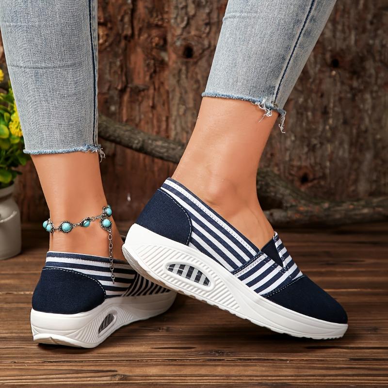 Durable Women's Casual Slip-On Sneakers Striped Low-Top with Beaded Ankle Strap, Fabric Uppe Sole for All-Season Outdoor Wear, Comfortable Footwear