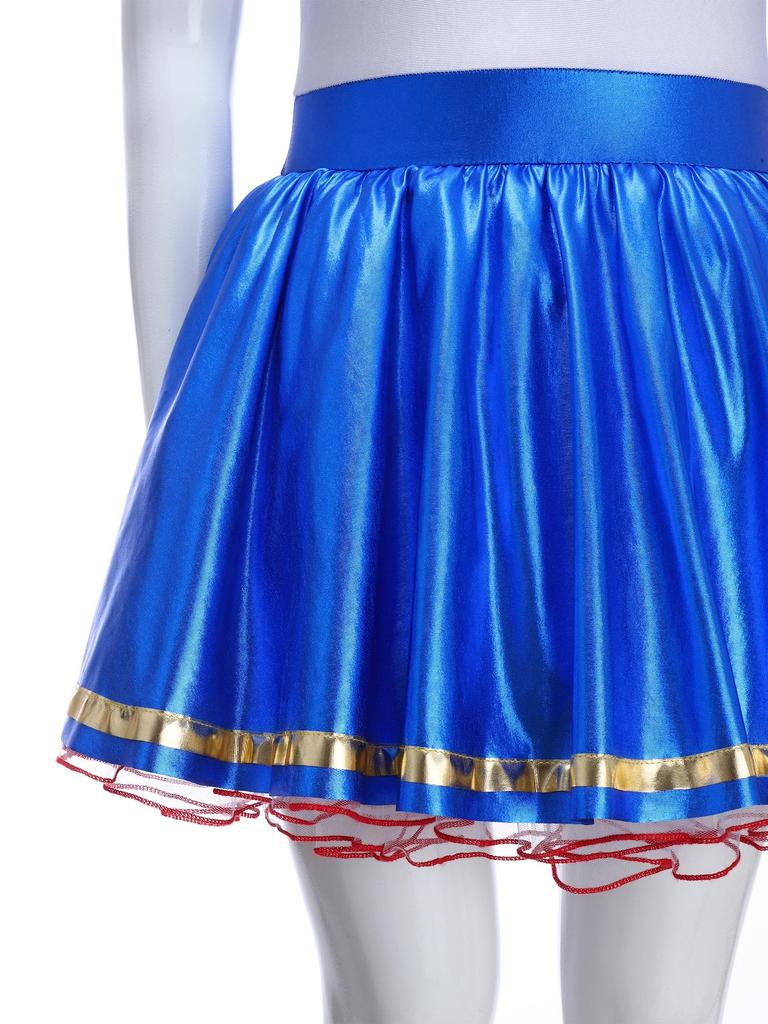 Costum de marinar pentru fete Bloc de culori Patchwork Luciu metalic Gât rotund Mânecă scurtă Cravată detașabilă Rochie bufantă