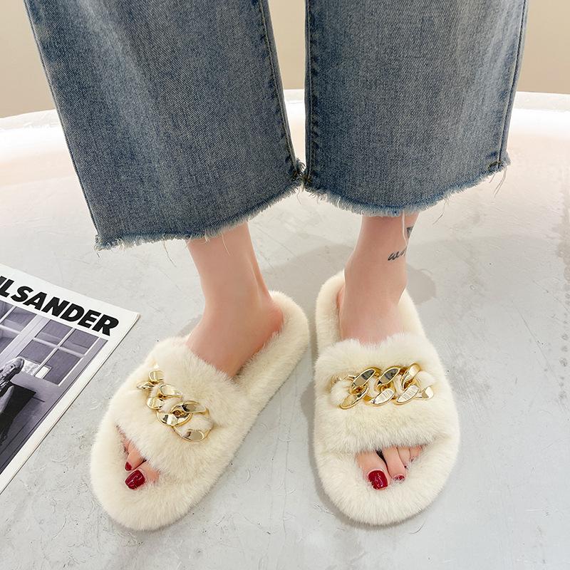 Thick-soled Mao Mao slippers women's outer wear 2025 new autumn and winter Mao Mao shoes home chain stepping on shit feeling one-word cotton drag