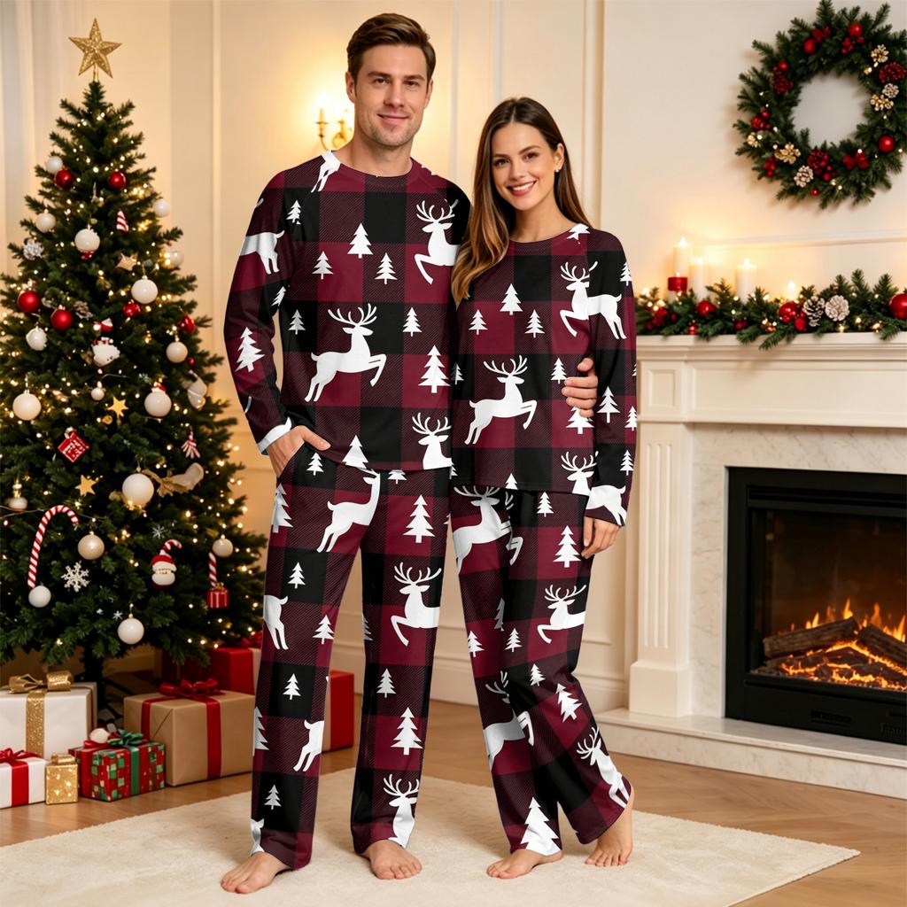 Matching Family Christmas Print Loungewear Set Long Sleeve Top and Pants for Holiday