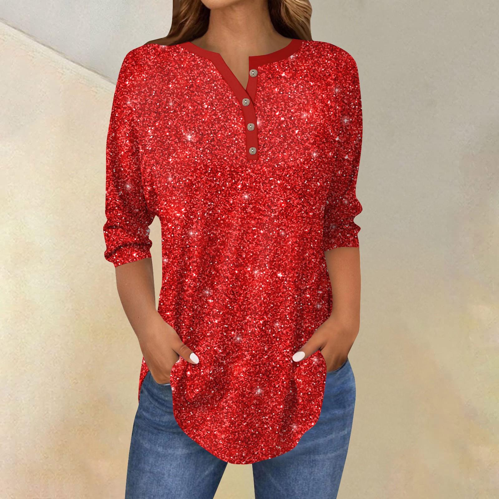 

Женский повседневный топ с рукавами 3/4 и принтом пайеток на пуговицах XL красный