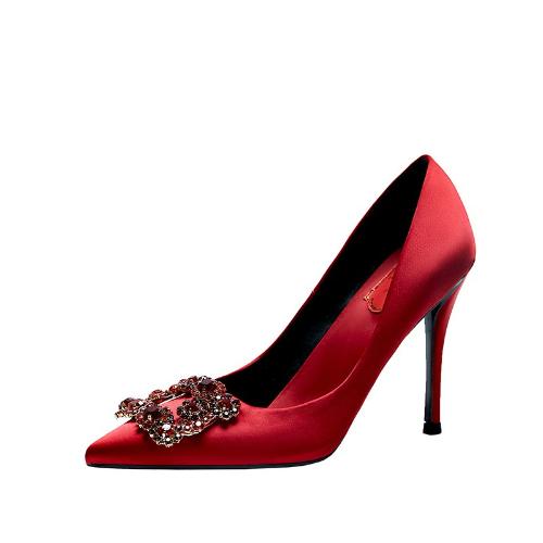 2025 New Red High Heels Wedding Shoes Rhinestone Pointed Toe Thin Heel Bride Bridesmaid Shallow Dress Pumps Women127