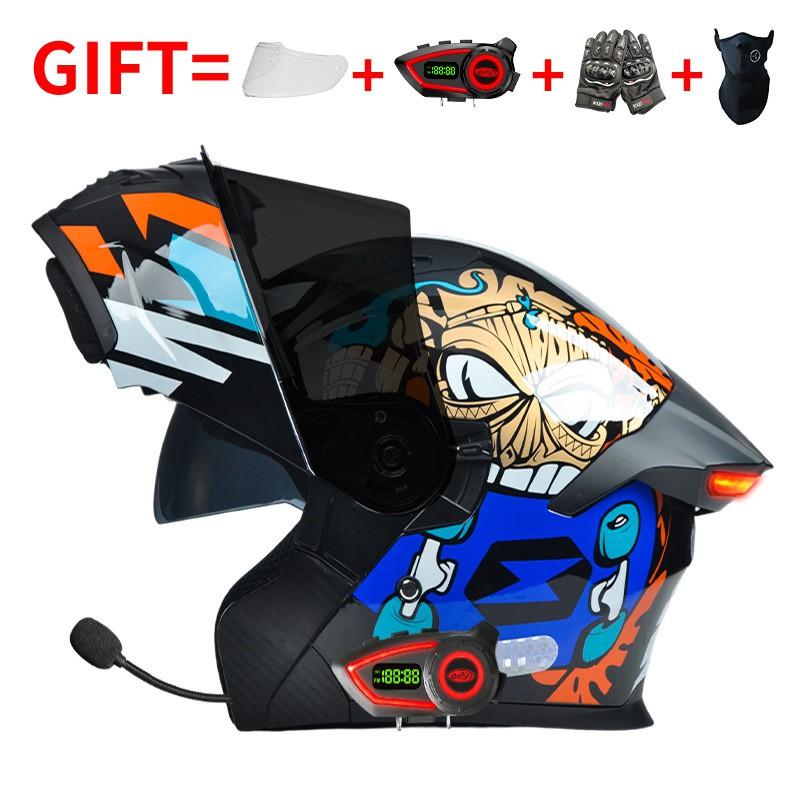Bluetooth Smart Tail Light Motorcycle Flip-Up Helmet Men Women All Season Full Face Off-Road Riding