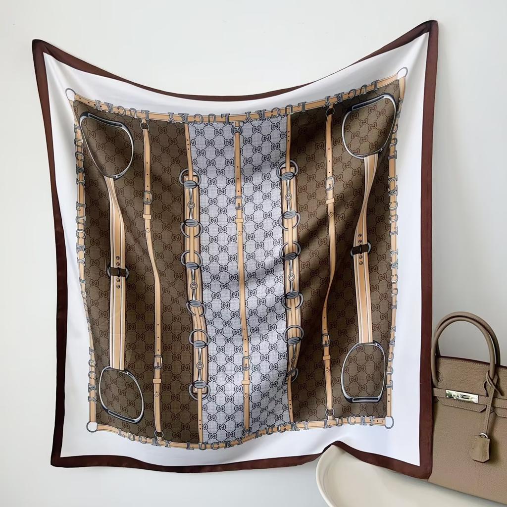 90Cm Geometric Printed Scarf Women'S Spring Summer New Imitation Silk Twill Square Scarf Temperament Versatile Headscarf Shawl