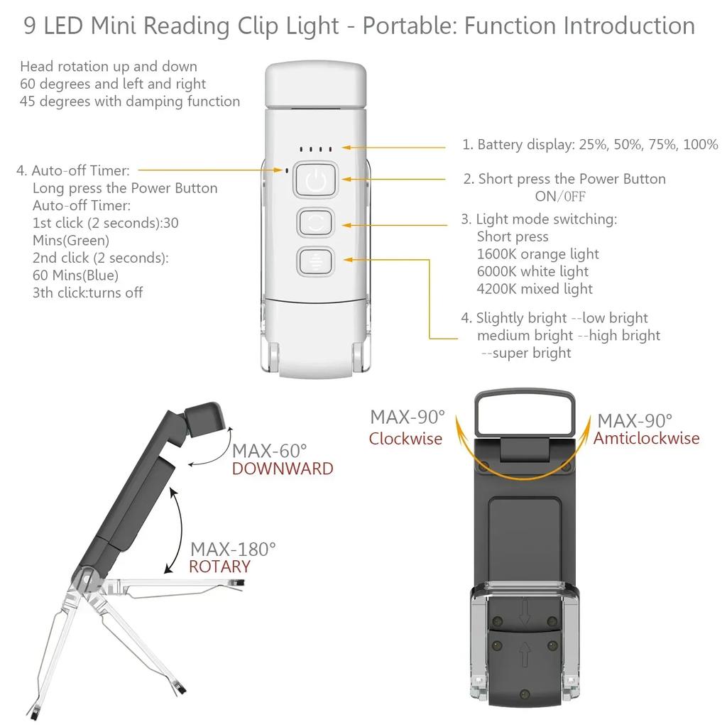 Mini Light Reading Clip Book Light With Timer Rechargeable Clip-on Bookmark Book Light Led Read Light Portable Bedside Desk Lamp