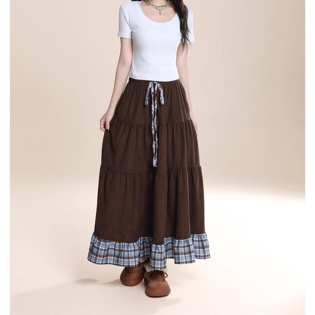 Jupe longue plissée à carreaux marron en velours côtelé style japonais grande taille pour femme - Mode Printemps/Automne