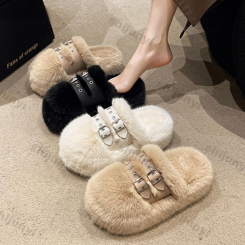 Fashion Women Furry Belt Buckle Slippers Winter Fashion Thick Sole Flats Ladies Casual Slip on Bedroom Slides Soft Outdoor Half Slippers