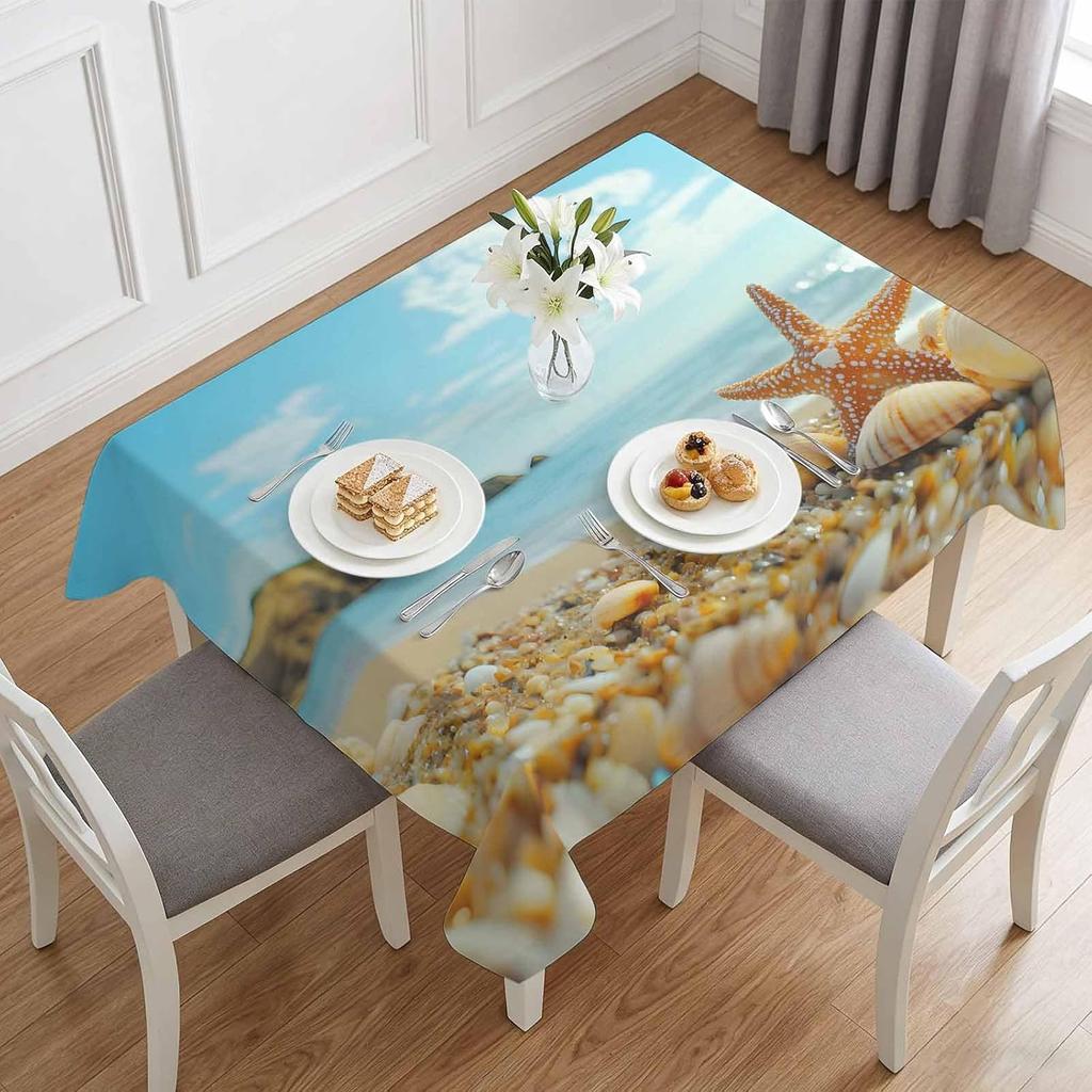 Summer Beach Shell Starfish Rectangle Tablecloth for Table Decor Blue Ocean Theme Kitchen Dining Table Cloth Holiday Party Decor