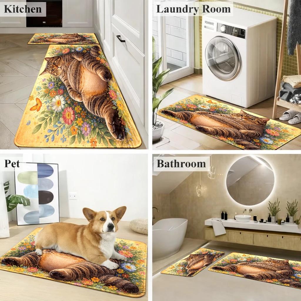 1Pcs Anti Fatigue Kitchen Rugs,  Cute Fat Tabby Print Waterproof Non-Slip Thick Cushioned Kitchen Mat Heavy Duty Comfort Standing Mat for Kitchen