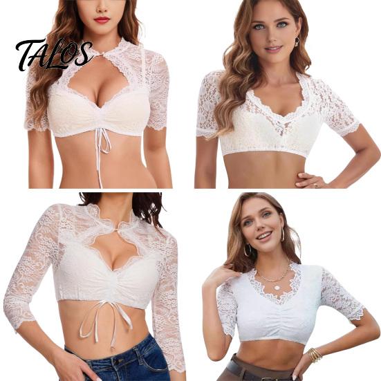 Tradiční německá blůza Dirndl Dámská crop top s květinovou krajkou, Bavorská kostýmová blůza na Oktoberfest, Krátký rukáv, Průhledná zkrácená košile, Sexy top