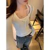 Irregular Button Design Fake Two-piece Threaded Long-sleeved T-shirt Bottoming Shirt for Women Scheming V-neck Short Top