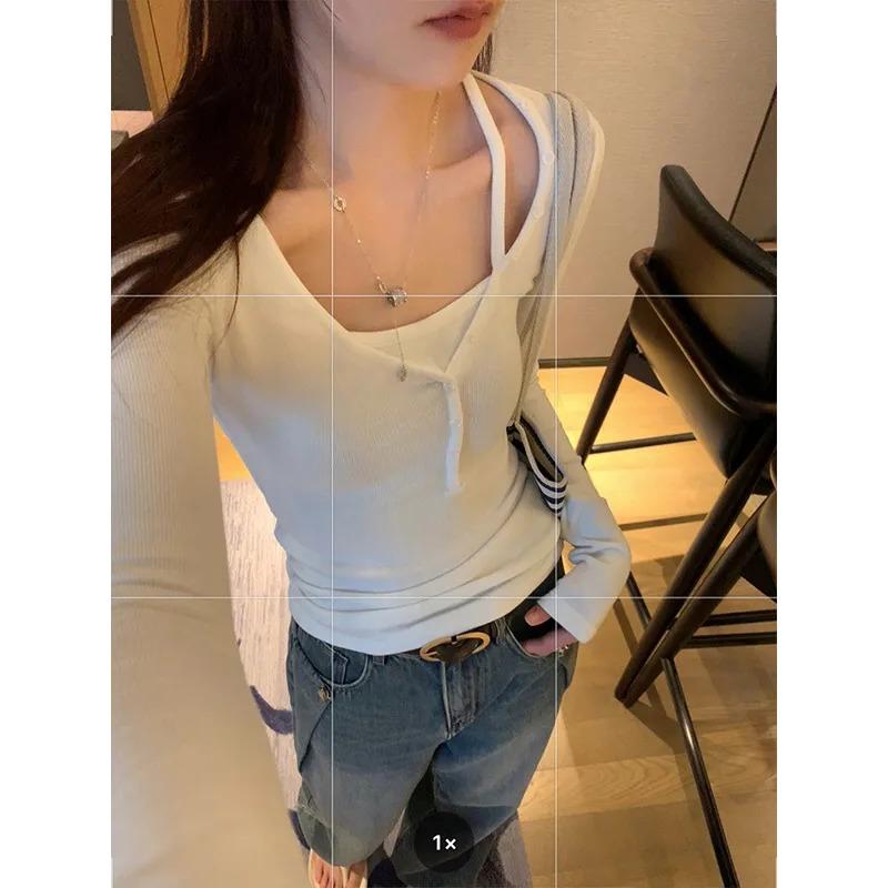 Irregular Button Design Fake Two-piece Threaded Long-sleeved T-shirt Bottoming Shirt for Women Scheming V-neck Short Top