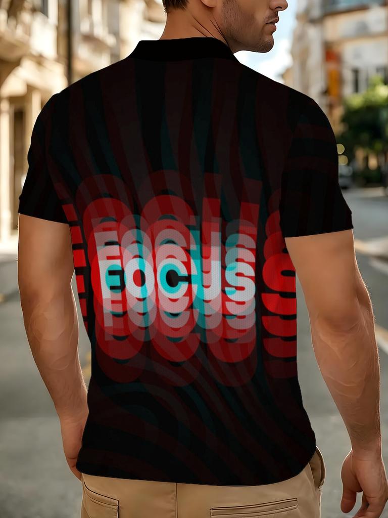 Men's Short-Sleeve Polo Shirt, Available in Multiple Sizes. Features a Button- Collar with an Overlay "FOCUS" Letter Print on a Black Base. A Casual