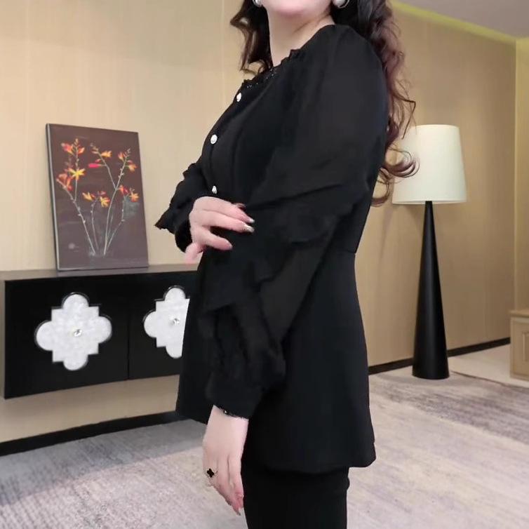 2025 Spring Plus Size Chiffon Lace Casual Shirt - Versatile Fashion for Middle-Aged Women