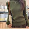 Women's Dark Green Half-High Neck Knitted Sweater - Autumn/Winter Base Layer