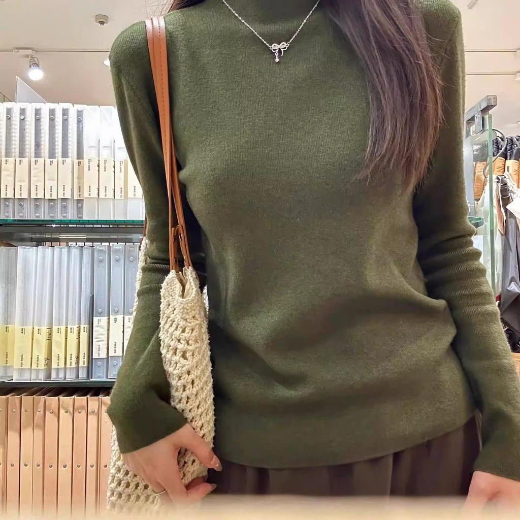 Women's Dark Green Half-High Neck Knitted Sweater - Autumn/Winter Base Layer