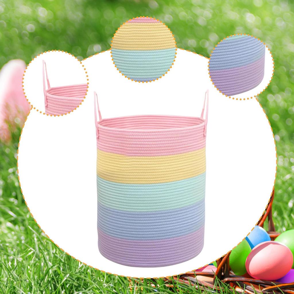 Nursery Hamper Rainbow Striped Storage Basket with Handles Woven Laundry for Apartments