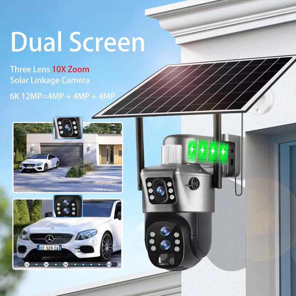 Drie Lenzen 10x Zoom Zonnecamera's WiFi Buitenbewaking 6K 12MP Draadloze CCTV IP Camera 360 PTZ Externe Beveiligingscamera V380