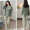 Long-Sleeved Pyjamas Female Set Head Plus Size Cartoon Cute Sweet Can Be Worn Outside The Plaid Home Wear Simple Loose Suit