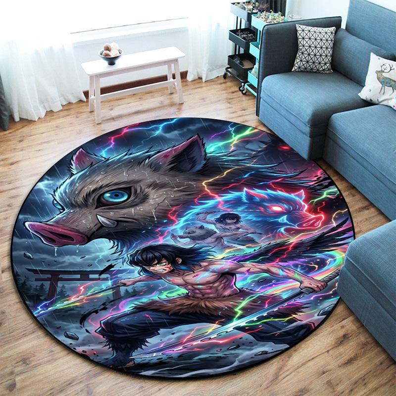 Classic Japanese-style Cartoon Demon Slayer Round Rug, Home Soft Decorative Anti-slip Yoga Mat and Chair Mat, Outdoor Floor Mat Carpet K27