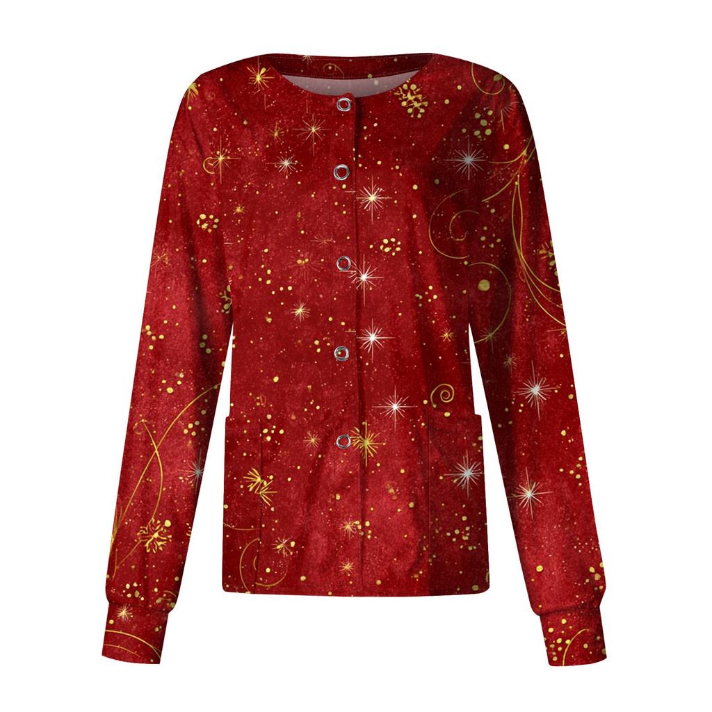 Women's Casual Long-sleeved Single-breasted Christmas Printed Protective Clothing Cardigan Top