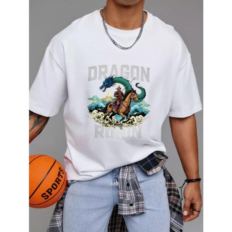Dragon Ronin T Shirt White Samurai On Horse with Blue Dragon and Mountain Scene Graphic for Casual Wear