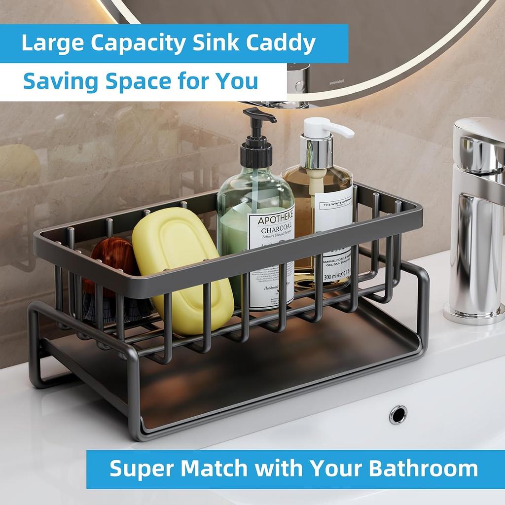 Sponge Holder for Kitchen Sink, Self-Drainage Kitchen Sink Caddy, Rustproof Steel Dish Sponge Organizer with Removable Dishcloth Rack