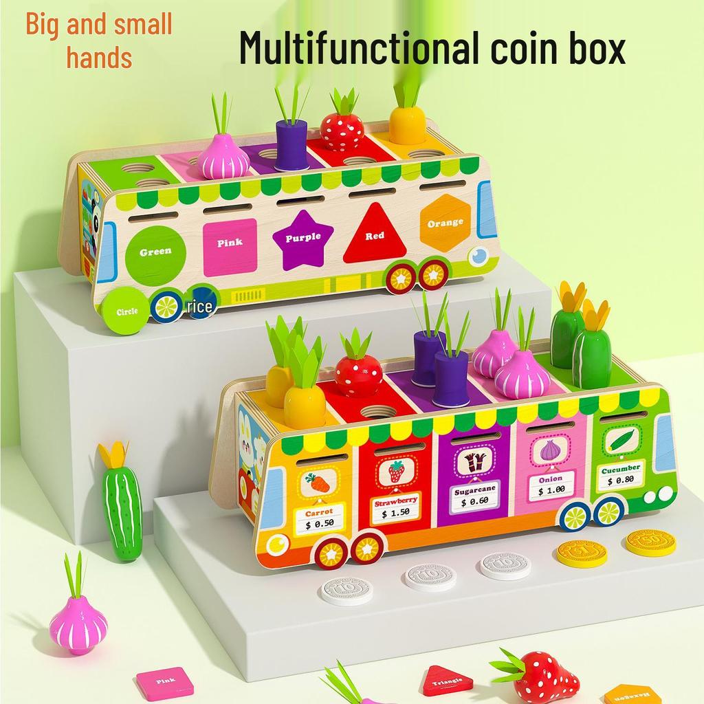 Kids' Educational Fruit & Veggie Vending Cart: Multifunctional Shape & Color Matching Toy with Pull-Along Radishes for Early Learning